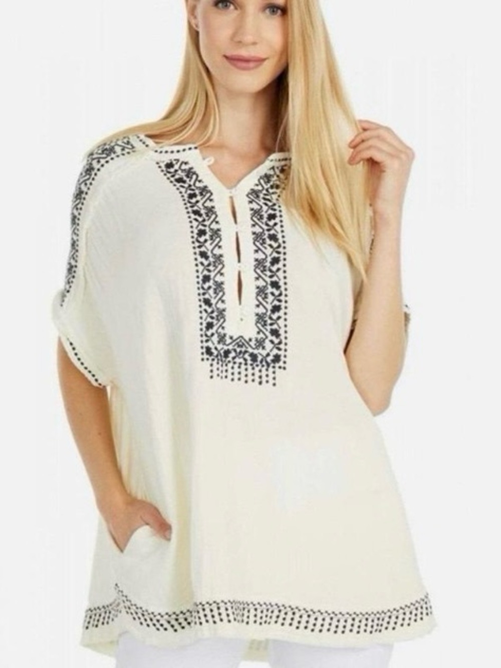 Johnny Was Brunay Blouse Tunic Top Ivory/Black Embroidered Gauzy Tunic Small